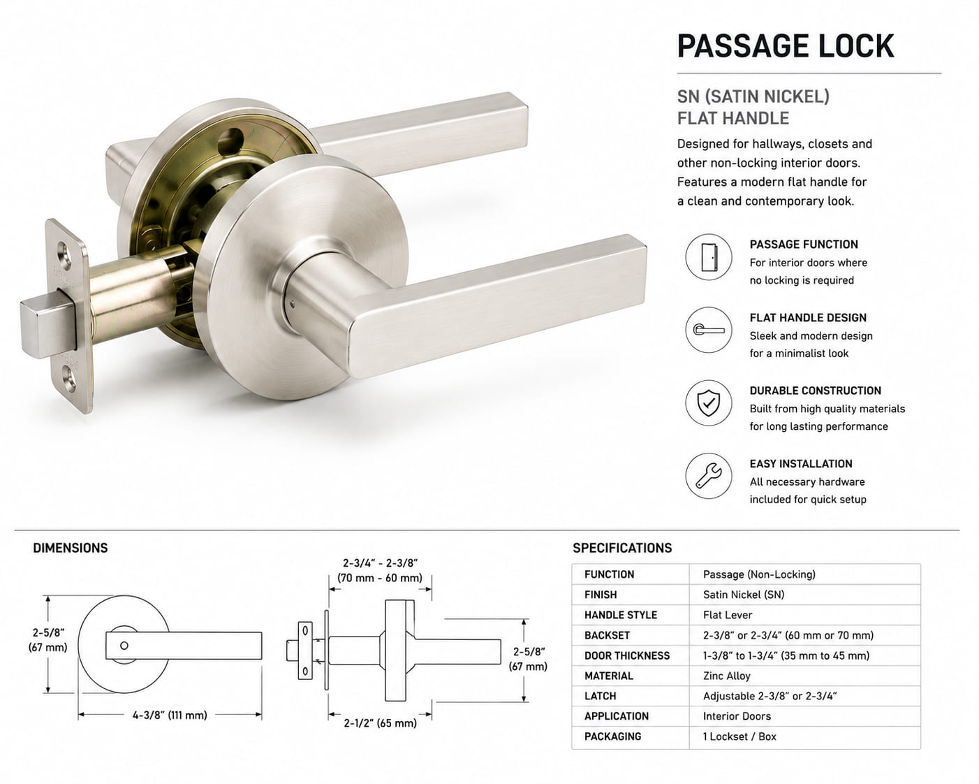 Passage Lock, SN, flat handle