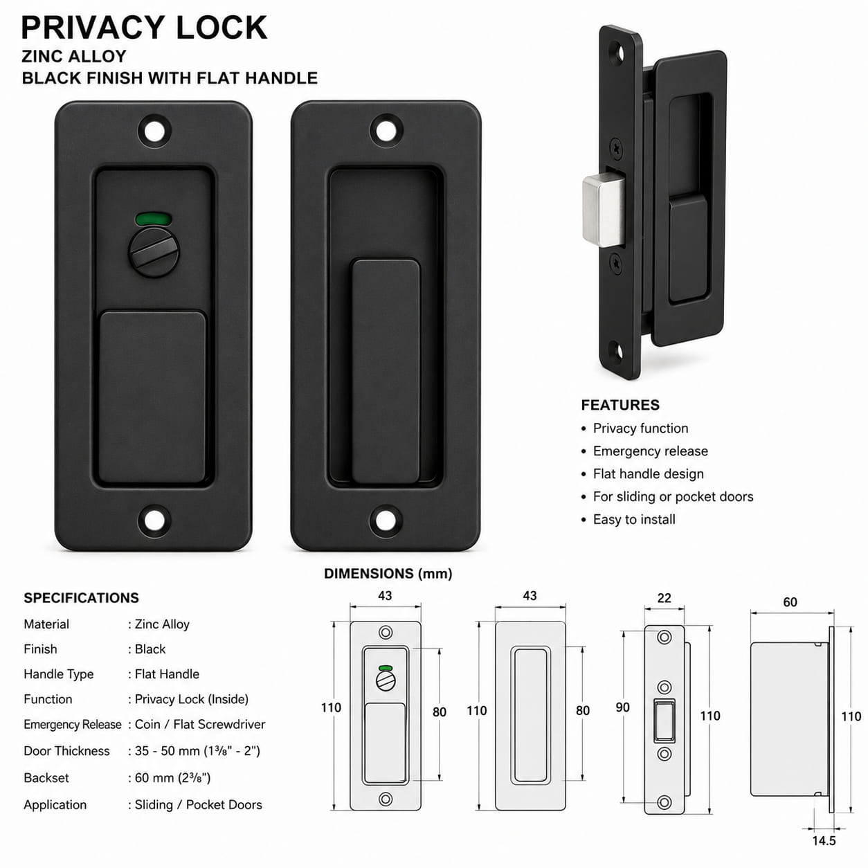 Privacy Lock, Zinc Alloy, Black with flat handle