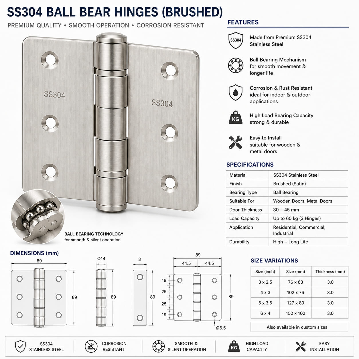 SS304 Ball bear Hinges (Brushed)