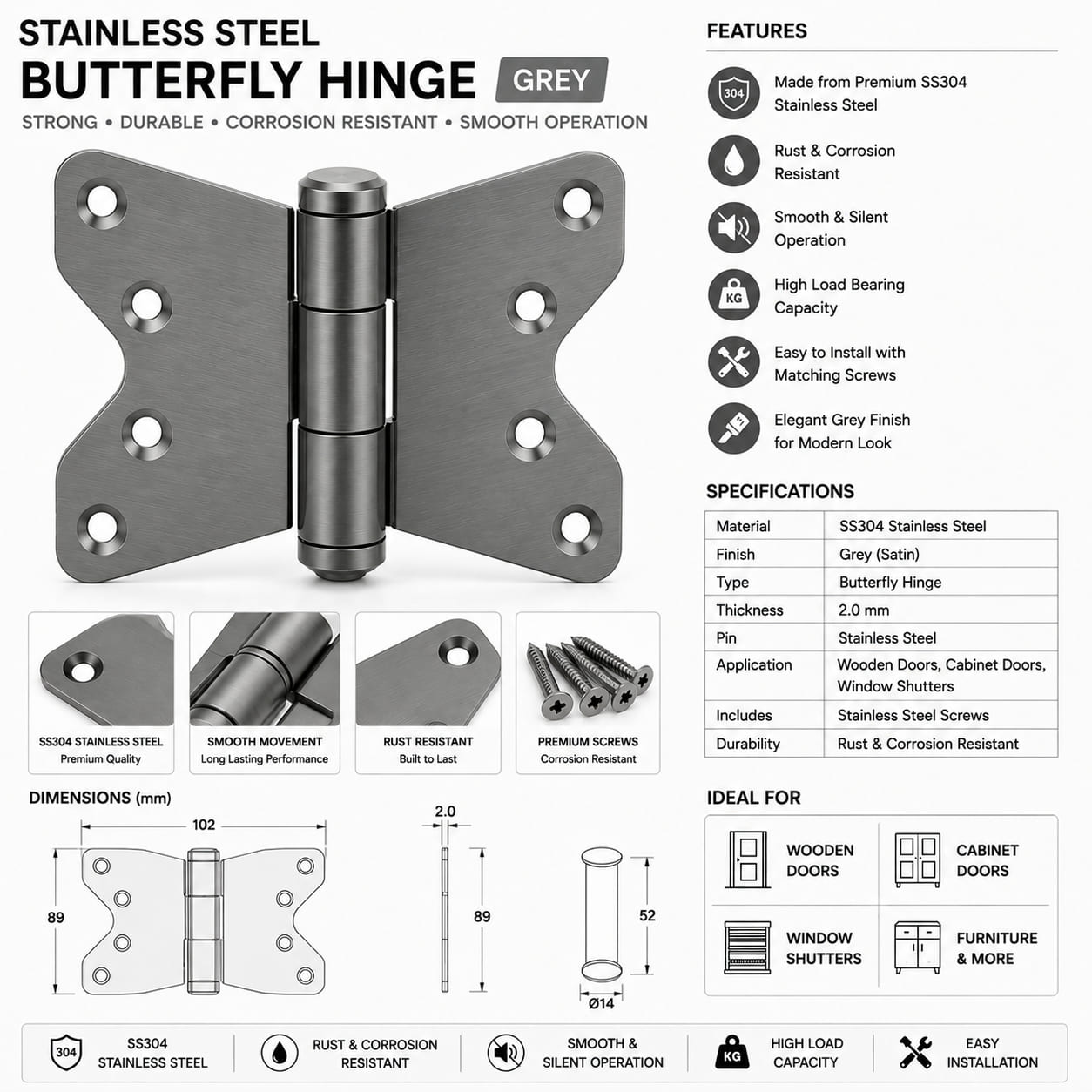 Stainless Steel Butterfly Grey