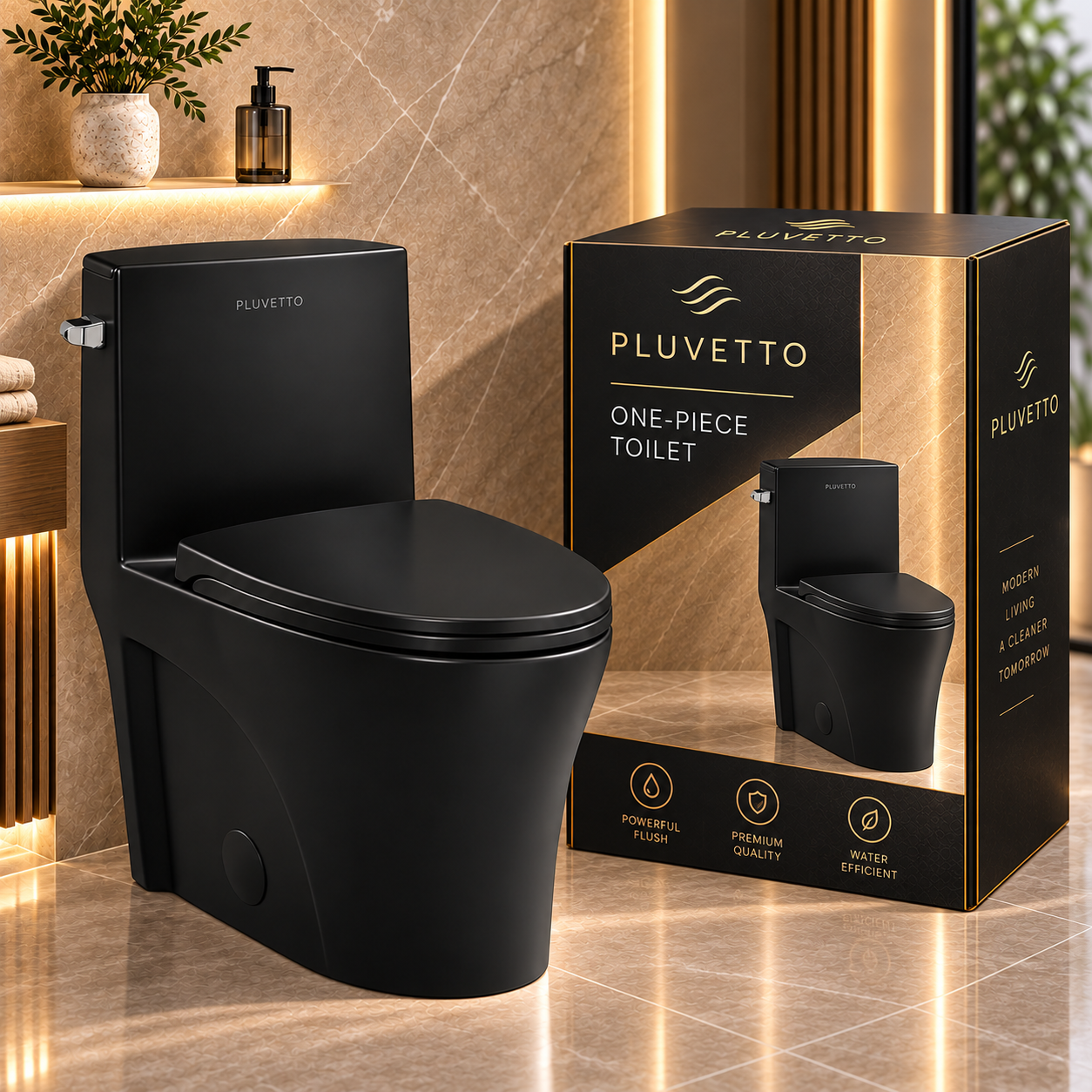 PLUVETTO Premium Matte Black Side-Flush One-Piece Toilet