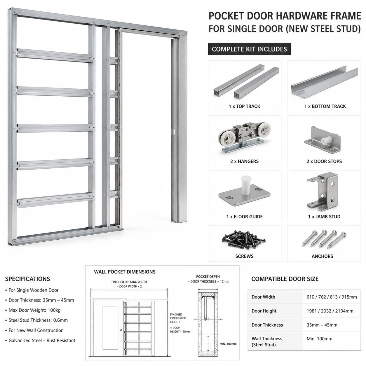 Pocket Door Hardware frame for single (New steel stud)