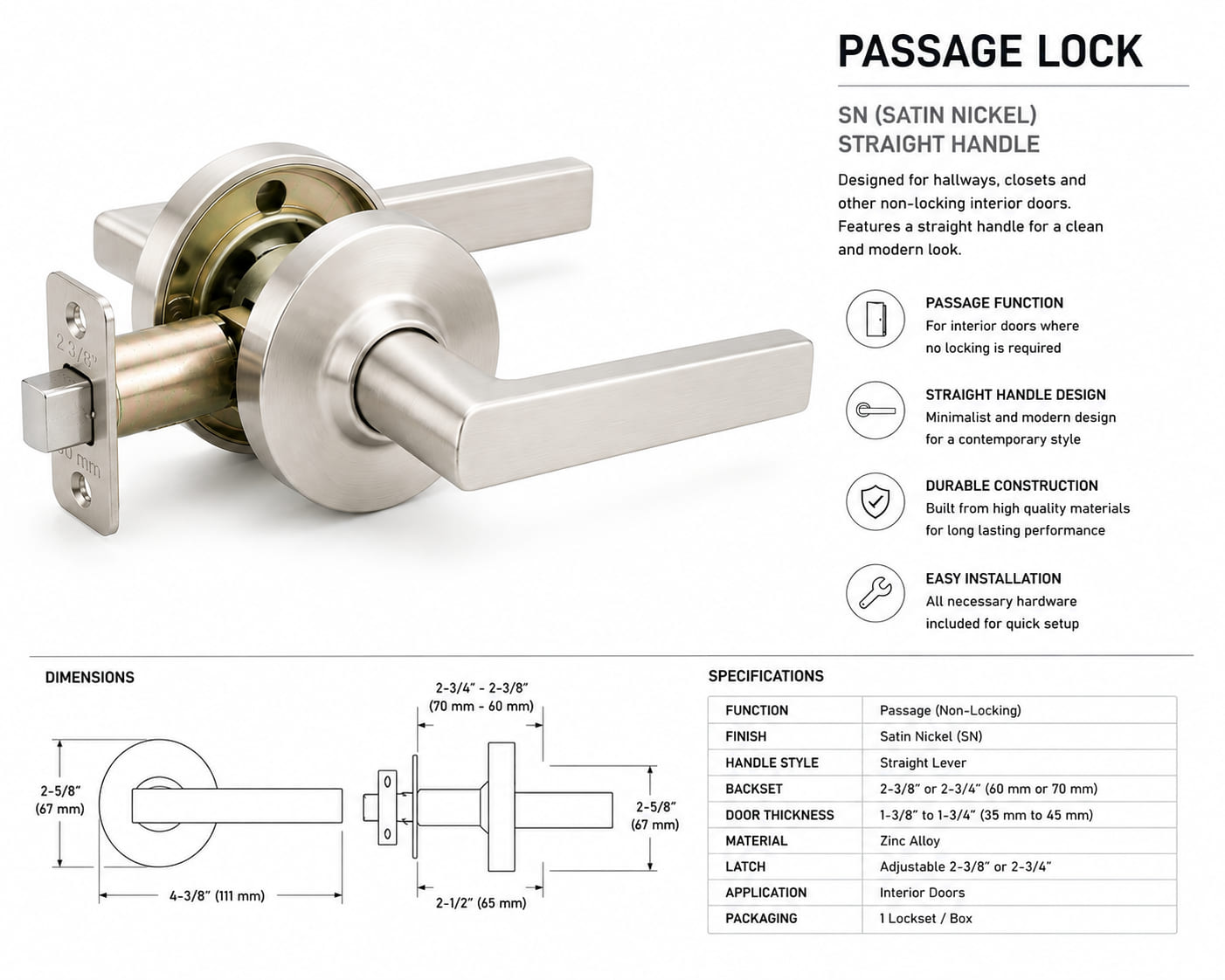 Passage Lock, SN, Straight handle