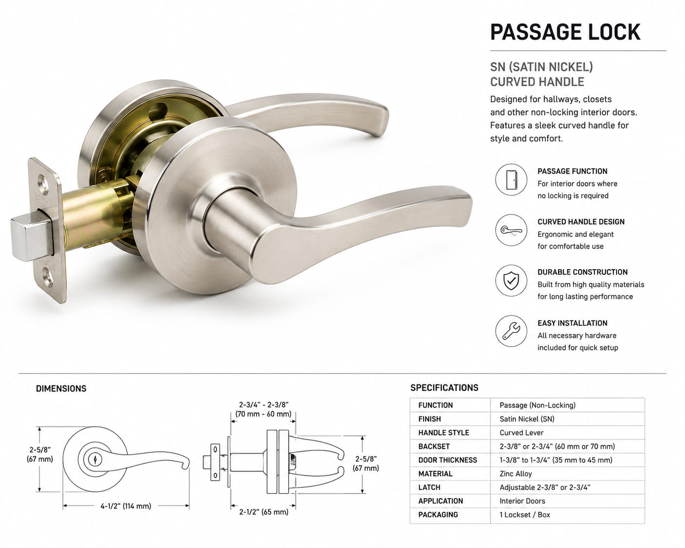 Passage Lock, SN, Curved handle